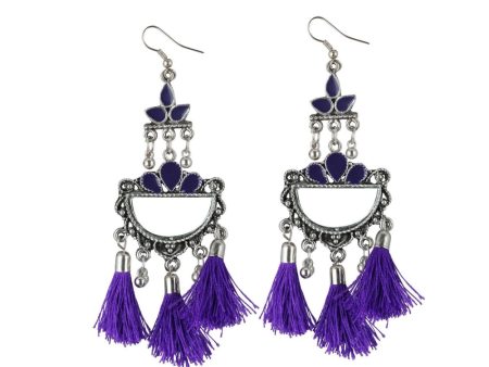 Generic Women s Silver Plated Afgani Tassel Earrings-Purple For Cheap