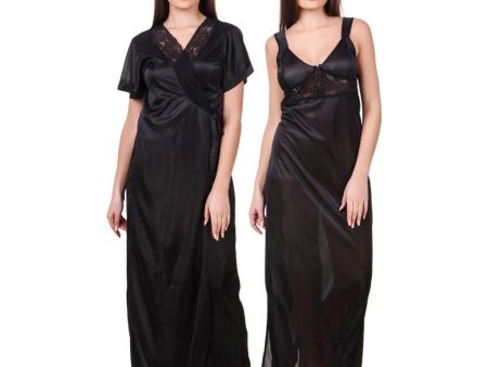 Women s Satin 2 PCs Set of Nighty And Wrap Gown with Half Sleeve(Color: Black, Neck Type: Sweatheart Neck) Sale