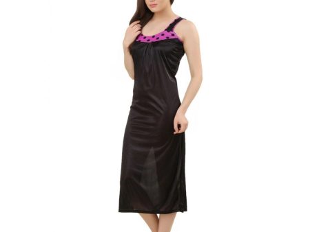 Women s Satin Long Nighty with Sleeve Less(Color: Mauve and Black, Neck Type: U Neck) Online Sale