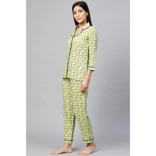 Generic Women s Casual 3 4 Sleeve Floral Printed Rayon Shirt With Pyjama Pant Night Suit Set (Green) Fashion