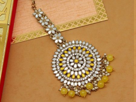 Generic Women s Yellow Color Mirror Work Maang Tikka Supply