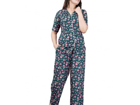 Generic Women s Casual Half Sleeve Printed Viscose Rayon Shirt With Pyjama Pant Night Suit Set (Teal) Online Hot Sale