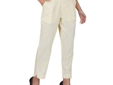 Generic Women s Casual Cotton Flax Solid Adjustable Waist Trouser Pants (Cream) Fashion