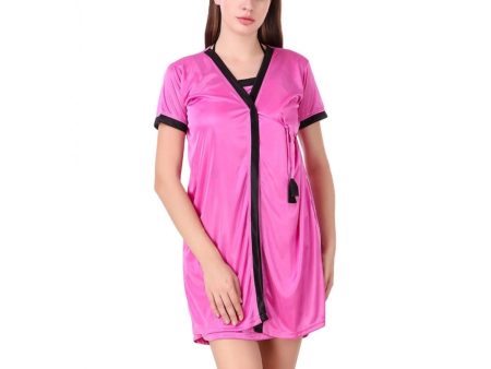 Women s Satin Short Wrap Gown with Half Sleeve(Color: Pink and Black, Neck Type: V Neck) For Cheap