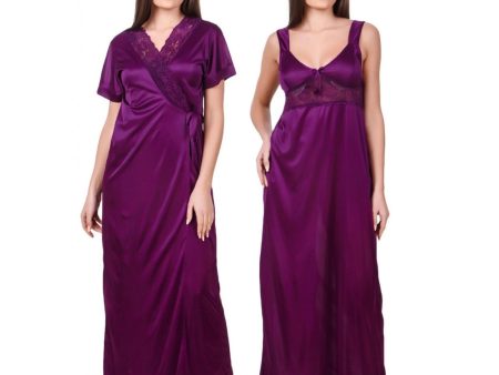 Women s Satin 2 PCs Set of Nighty And Wrap Gown with Half Sleeve(Color: Purple, Neck Type: Sweatheart Neck) Online Hot Sale