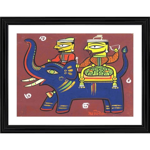 Generic Two Hunters with Elephant Painting With Wood Photo Frame (Multicolor) Online Hot Sale