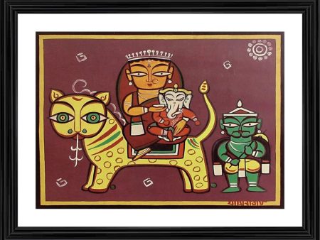 Generic Parvati Ganesh on Vaahan Painting With Wood Photo Frame (Multicolor) Supply