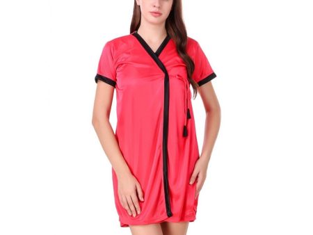 Women s Satin Short Wrap Gown with Half Sleeve(Color: Coral Red and Black, Neck Type: V Neck) on Sale