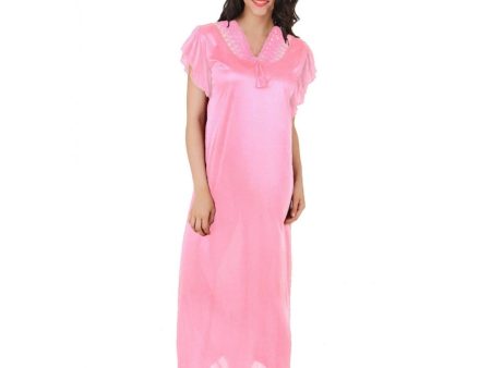 Women s Satin Long Nighty Frill Sleeve(Color: Baby Pink, Neck Type: V Neck) Online Hot Sale