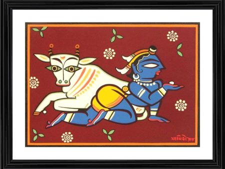 Generic Bal Krishna and Cow Painting With Wood Photo Frame (Multicolor) Supply