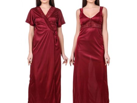 Women s Satin 2 PCs Set of Nighty And Wrap Gown with Half Sleeve(Color: Maroon, Neck Type: Sweatheart Neck) Discount