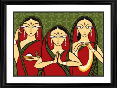 Generic Three Worshiping Women Painting With Wood Photo Frame (Multicolor) Online now