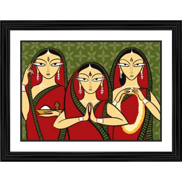 Generic Three Worshiping Women Painting With Wood Photo Frame (Multicolor) Online now