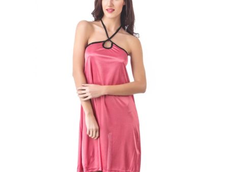 Women s Satin Short Nighty with Sleeve Less(Color: Coral Pink, Neck Type: Halter Neck) For Cheap