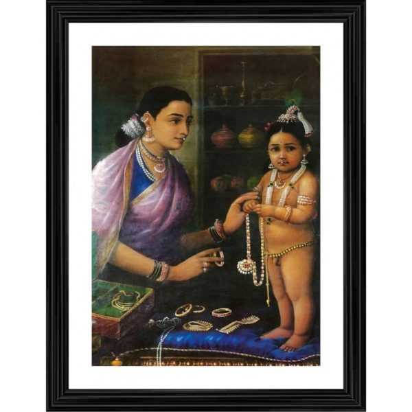 Generic Yashoda Bal Krishna with Cow 1879 Painting With Wood Photo Frame (Multicolor) Online