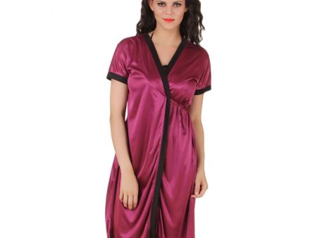 Women s Satin Short Wrap Gown with Half Sleeve(Color: Dark Wine and Black, Neck Type: V Neck) Sale