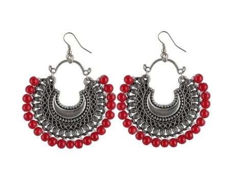 Generic Women s Silver Plated Hook Dangler Hanging Beads Earring (Color: Red) Online now