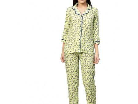 Generic Women s Casual 3 4 Sleeve Floral Printed Rayon Shirt With Pyjama Pant Night Suit Set (Green) Fashion