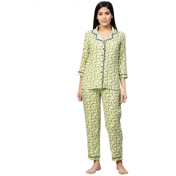 Generic Women s Casual 3 4 Sleeve Floral Printed Rayon Shirt With Pyjama Pant Night Suit Set (Green) Fashion